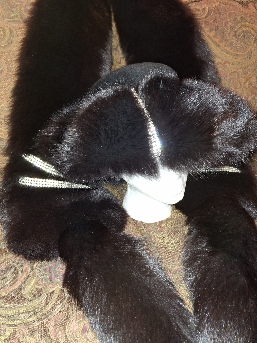 Luxurious Black Mink Hat And Mink Stole with Decorative Rhinestone Accents